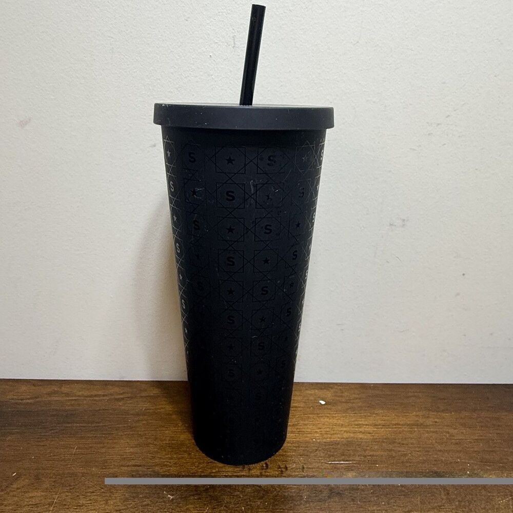 Starbucks Coffee 2017 Matte Black “S” Pattern Acrylic Cold Tumbler Travel - Picture 3 of 7